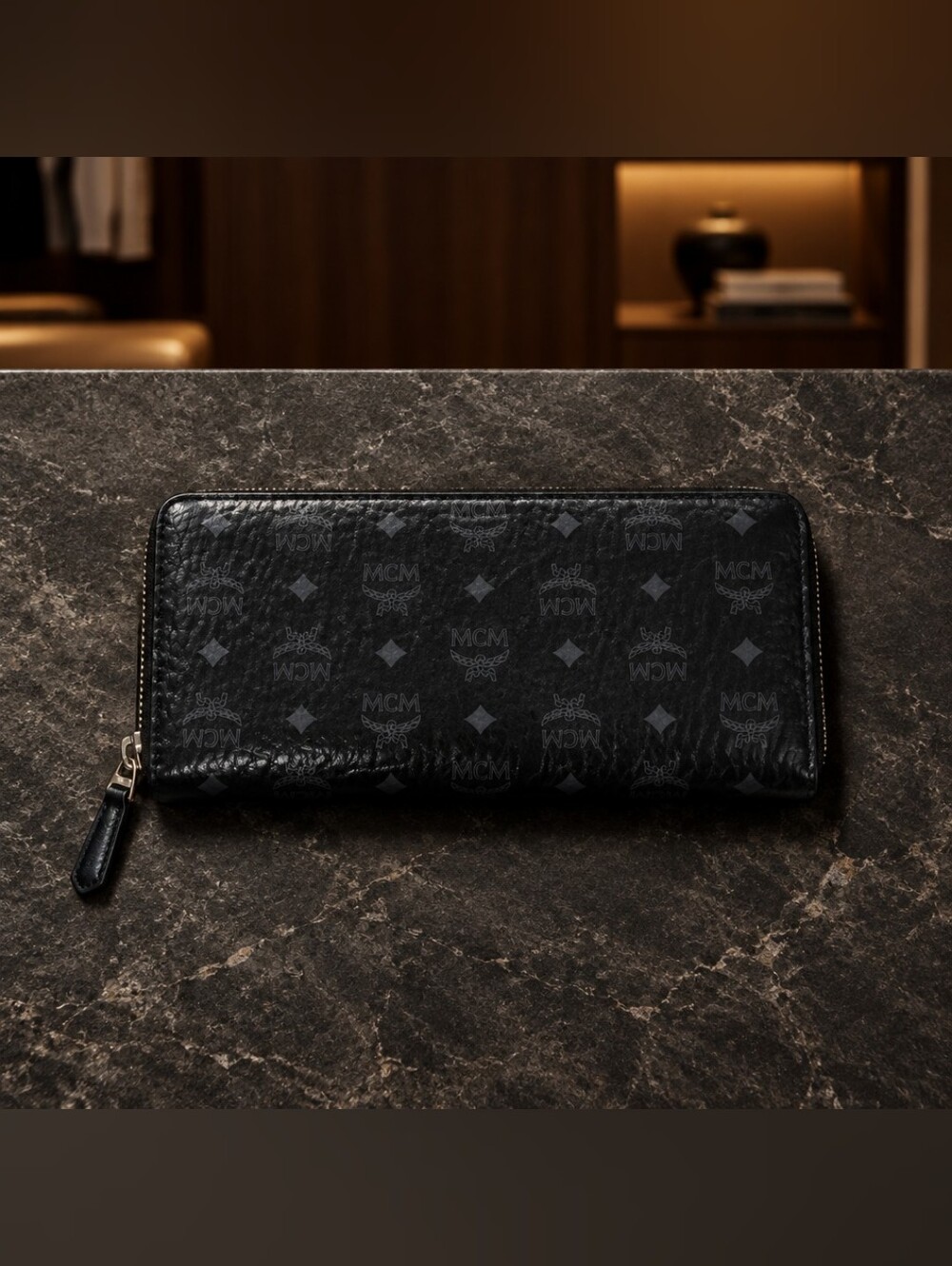 MCM Blue Zip Around Leather Wallet